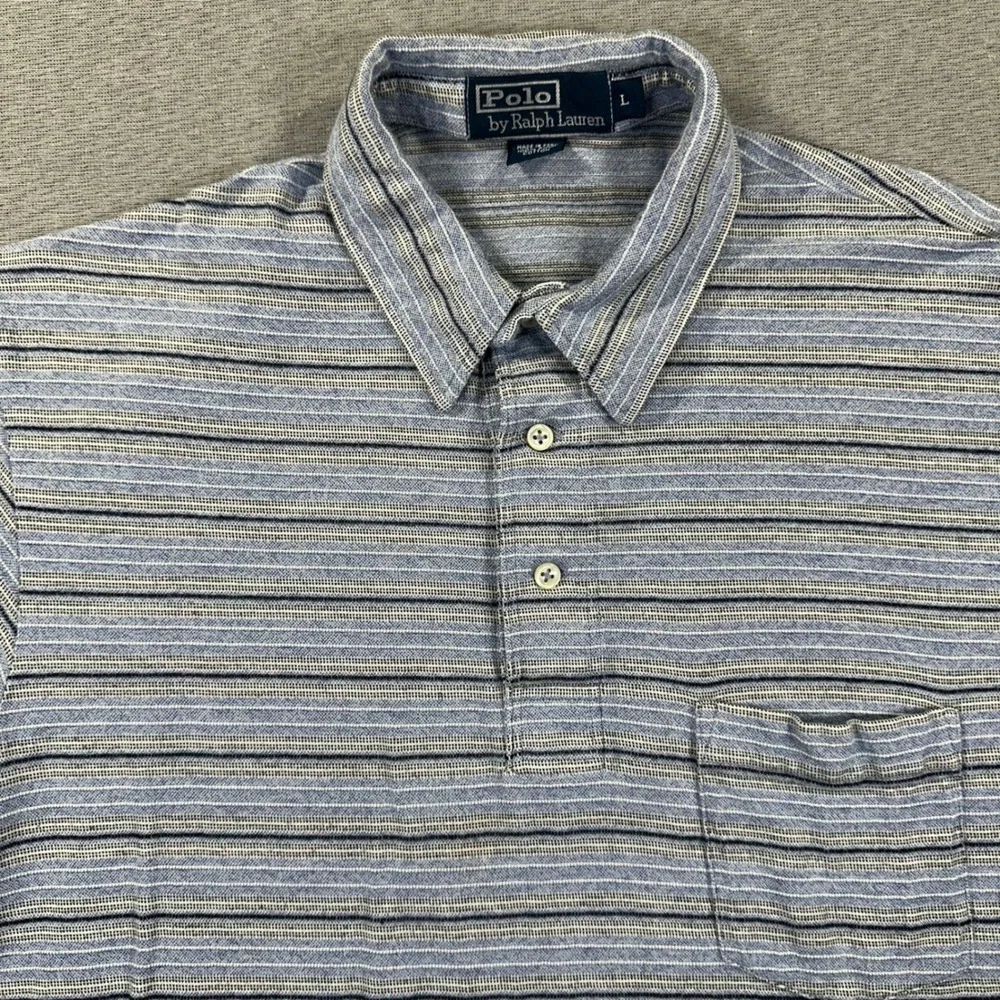 VTG Polo Ralph Lauren Polo Shirt Mens‎ L Blue Grey Striped Pima Cotton Textured